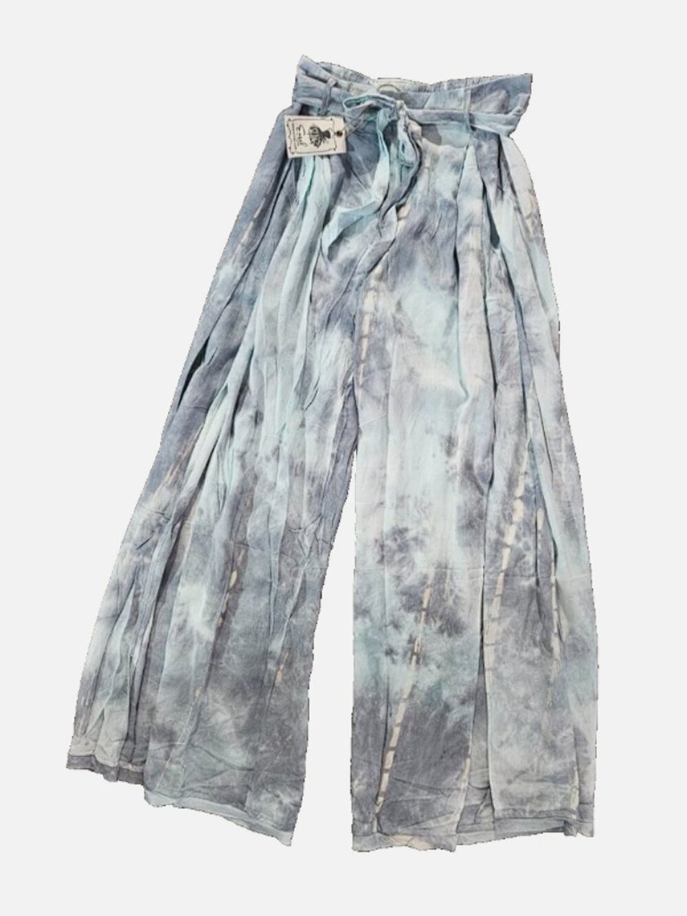 Easel Womens Sz S Blue/Gray Tie Dye Batik Pull On, Slit Wide Leg Paperbag Pants